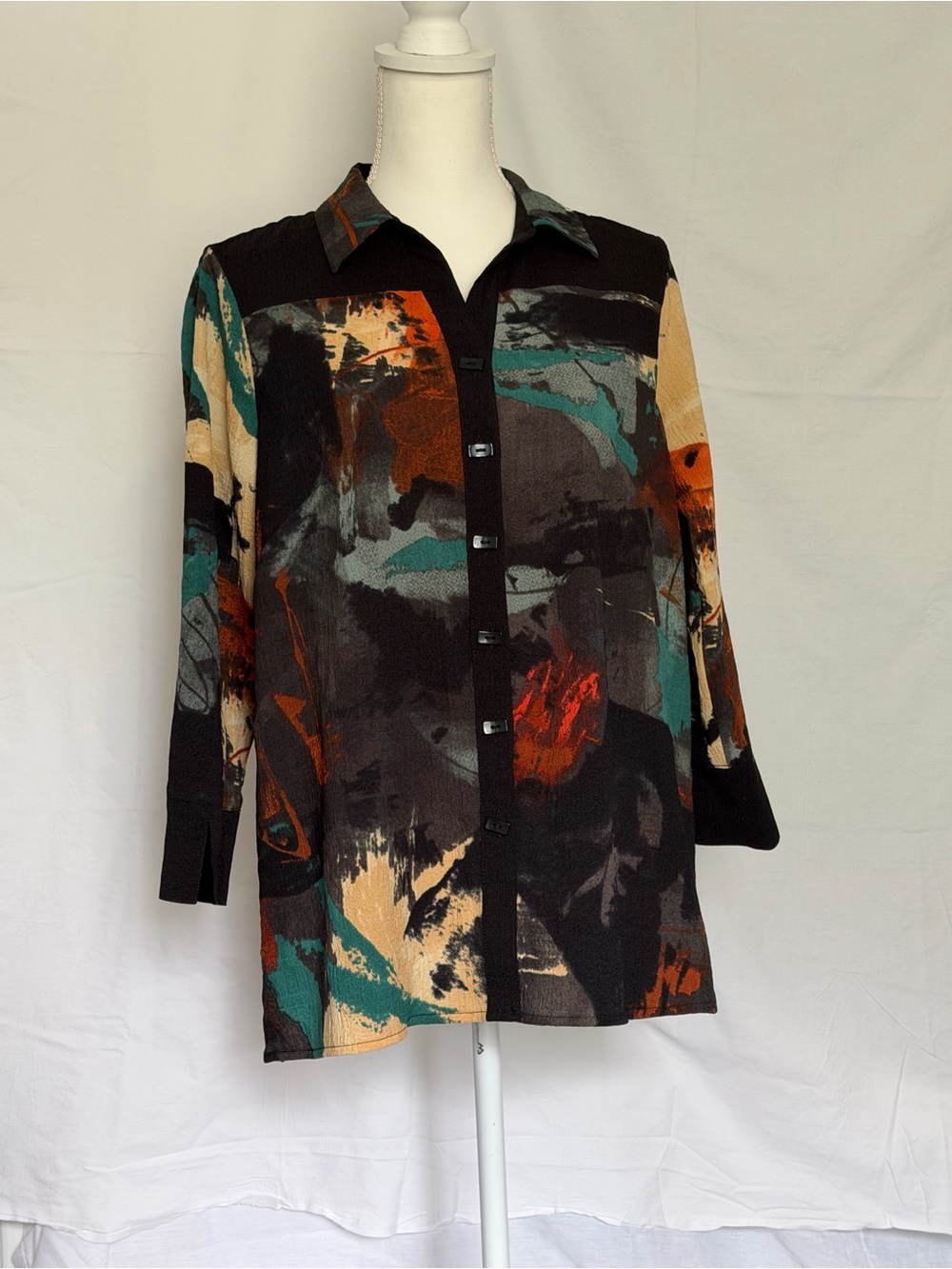 Ali Miles Abstract Button-Down Shirt in Black, Teal, Rust